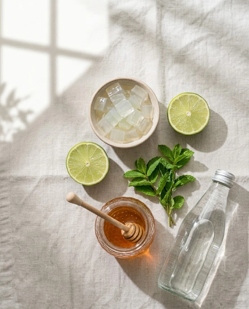 Aloe vera, limes, mint and honey for a homemade aloe lime cooler
