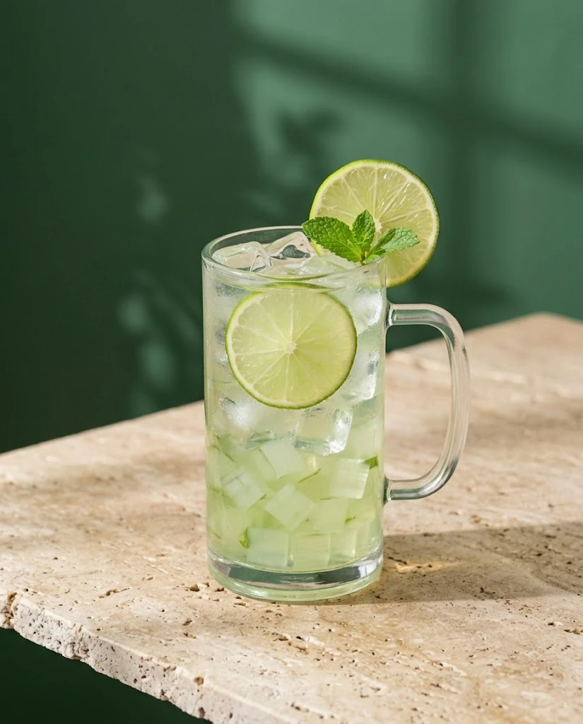 Aloe lime cooler in a tall glass with aloe cubes, lime and mint against a deep green wall