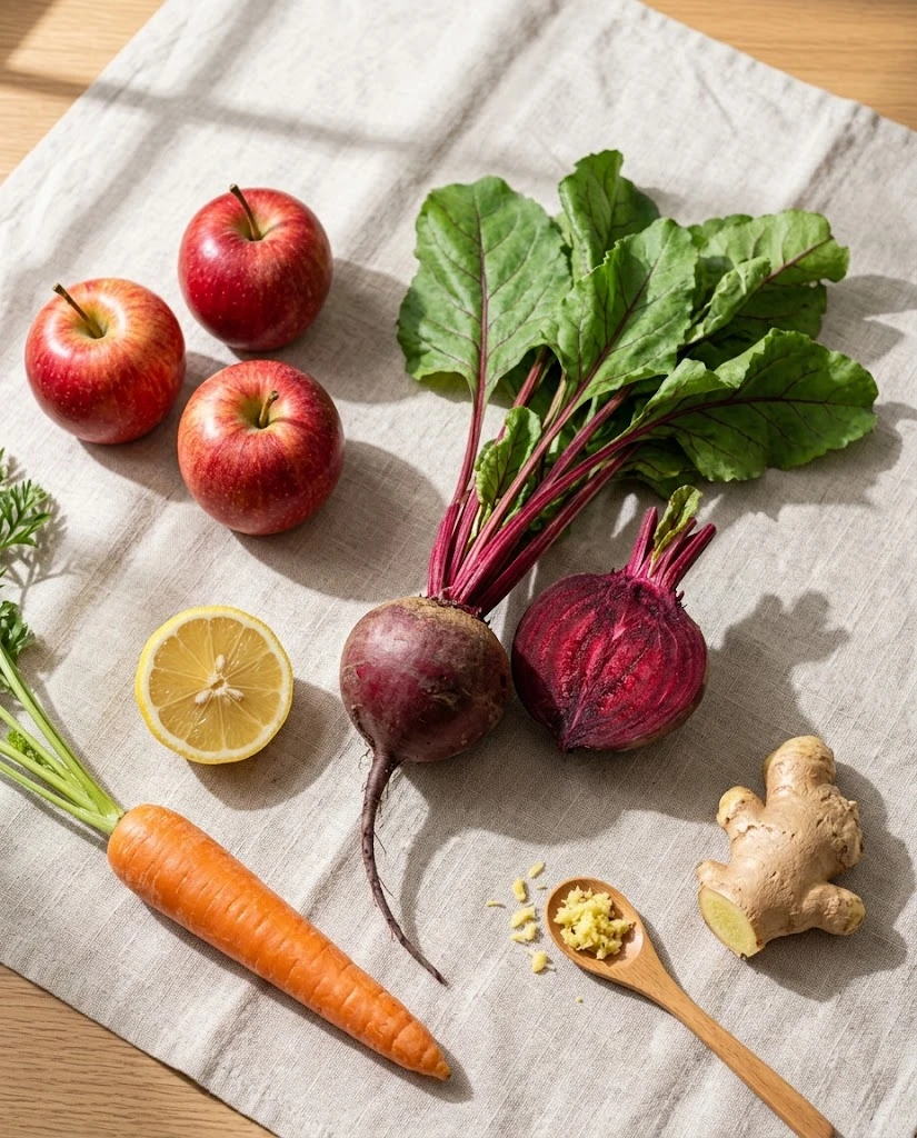 Beet, apple, carrot, ginger and lemon for homemade beet apple ginger juice