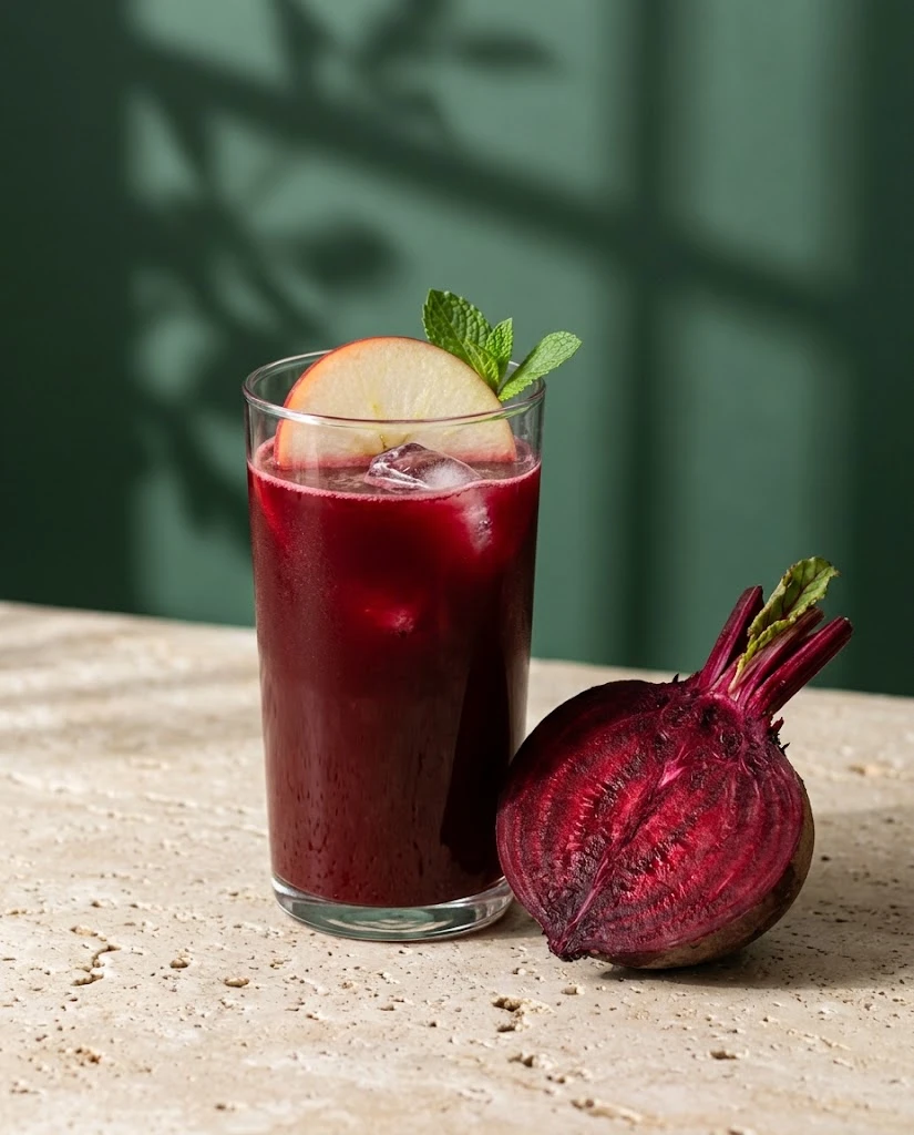 Beet apple ginger juice in a tall glass with ice and an apple slice against a deep green wall