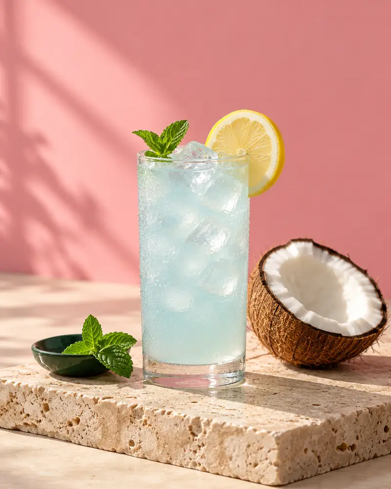Icy blue coconut lemonade in a tall glass with mint, a lemon wheel and half a coconut against a pink wall