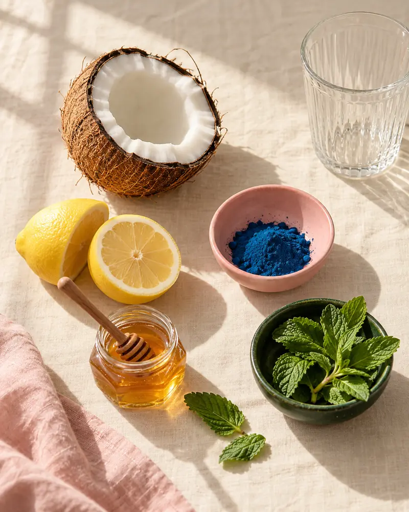 Fresh coconut, lemon, blue spirulina, honey and mint for blue coconut lemonade