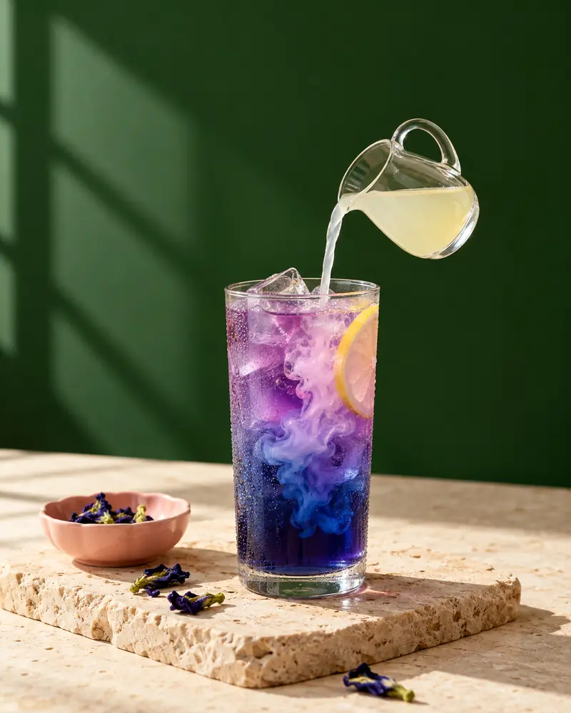 Lemon juice poured into butterfly pea lemonade turning it from blue to purple against a deep green wall