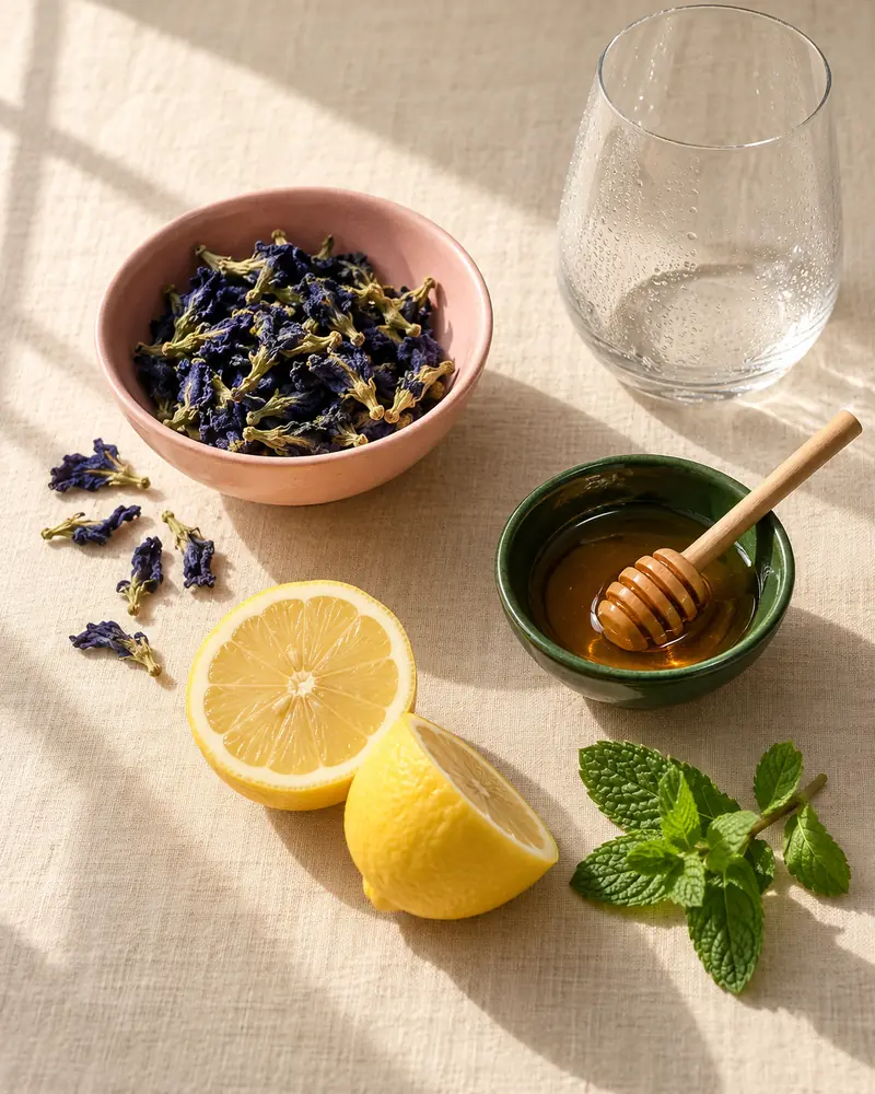 Dried butterfly pea flowers, lemon, honey and mint for butterfly pea lemonade