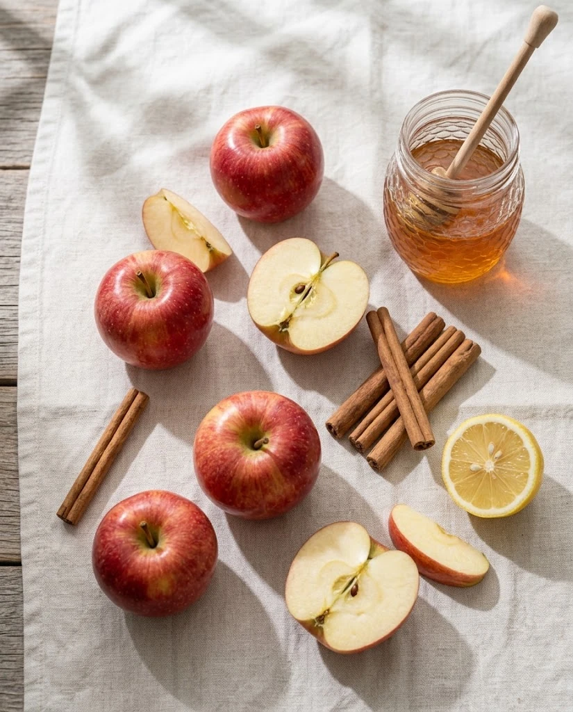 Apples, cinnamon sticks and lemon for homemade cinnamon apple tea
