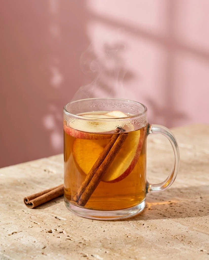 Cinnamon apple tea in a glass mug with apple slices and cinnamon sticks against a pink wall