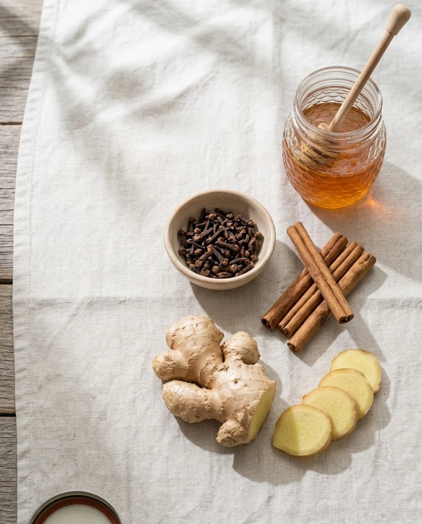 Cinnamon sticks, whole cloves and fresh ginger for homemade cinnamon clove tea