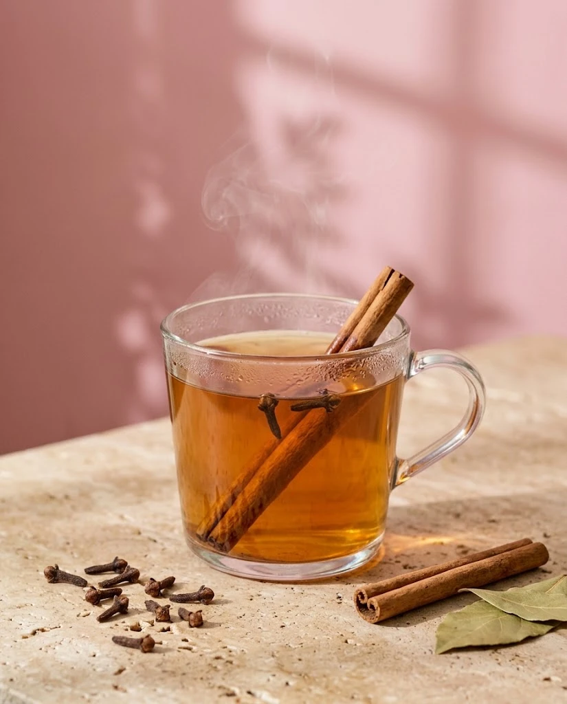 Cinnamon clove tea in a glass cup with cinnamon sticks and cloves against a pink wall