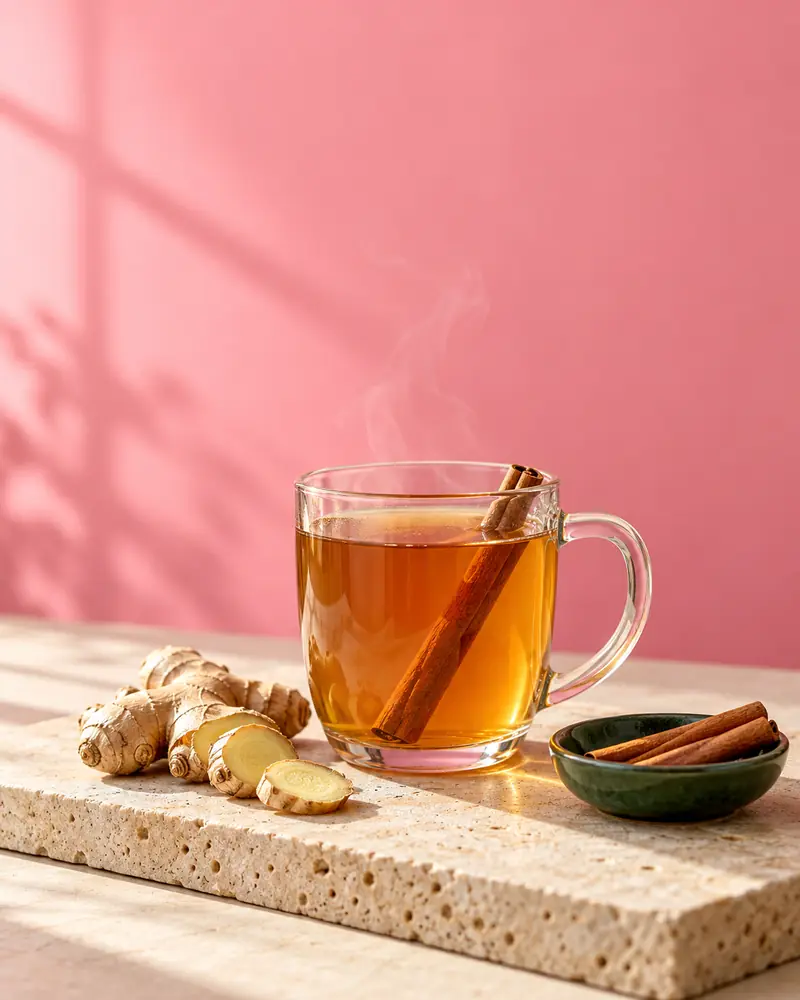 Steaming cinnamon ginger tea in a glass mug with a cinnamon stick and fresh ginger against a pink wall