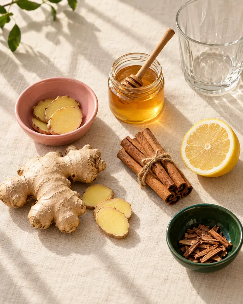 Fresh ginger, cinnamon sticks, lemon and honey for cinnamon ginger tea