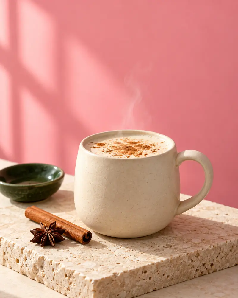 Steaming cinnamon vanilla oat milk in a cream mug with a cinnamon stick and star anise against a pink wall