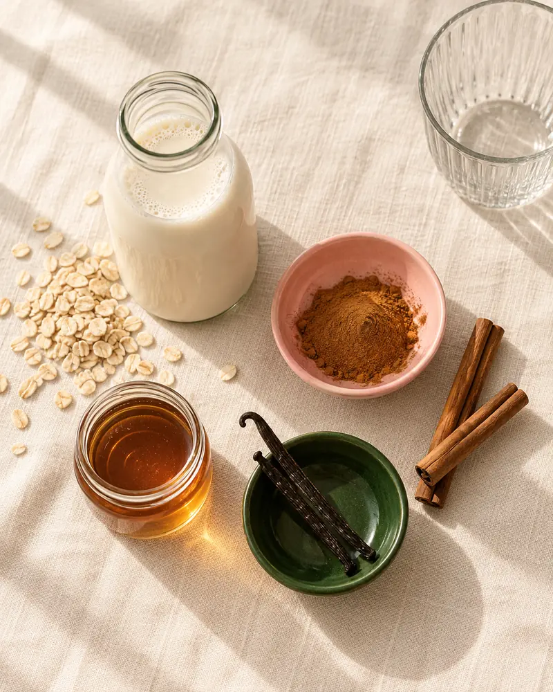 Oat milk, ground cinnamon, cinnamon sticks, vanilla beans and maple syrup for cinnamon vanilla oat milk