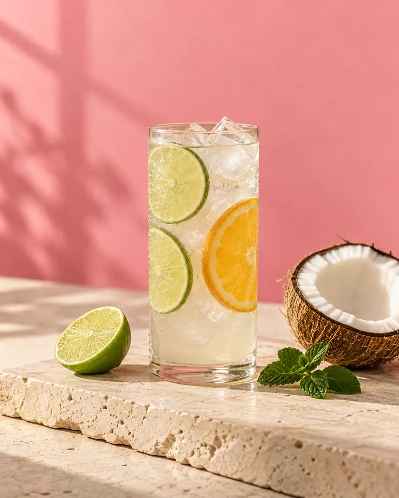 Coconut water electrolyte drink with lime and orange slices next to a halved coconut against a pink wall