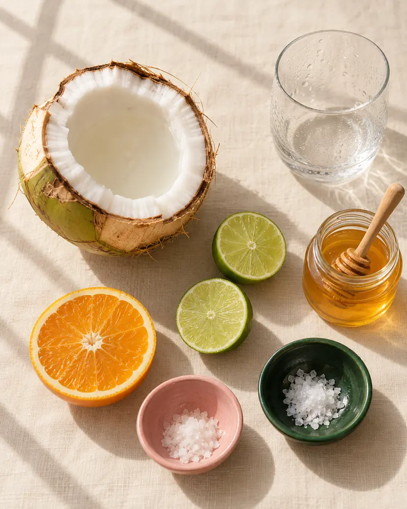 Fresh coconut, lime, orange, honey and sea salt for a coconut water electrolyte drink