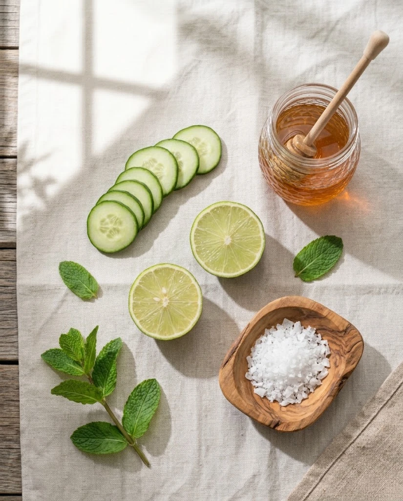 Cucumber, lime, honey and sea salt for homemade cucumber lime electrolyte water