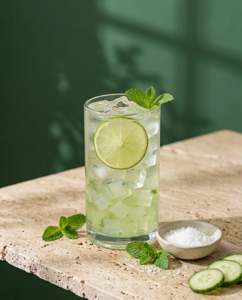 Cucumber lime electrolyte water in a tall glass with cucumber, lime and mint against a deep green wall