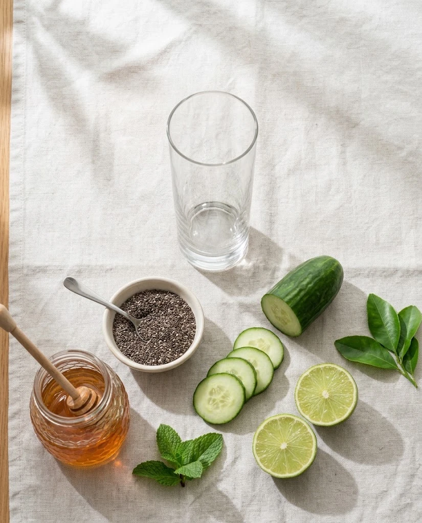 Cucumber, mint, lime and chia seeds for a cucumber mint chia drink