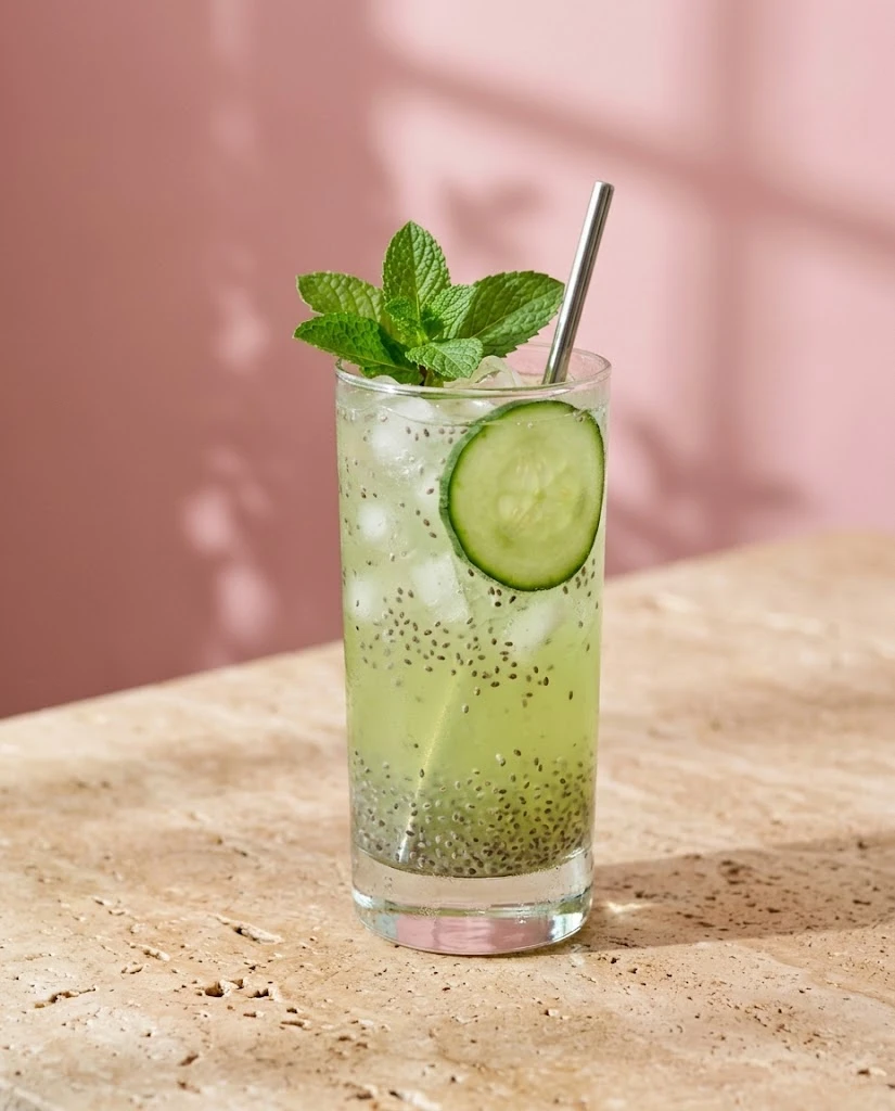 Cucumber mint chia drink in a tall glass with cucumber slices and mint against a pink wall