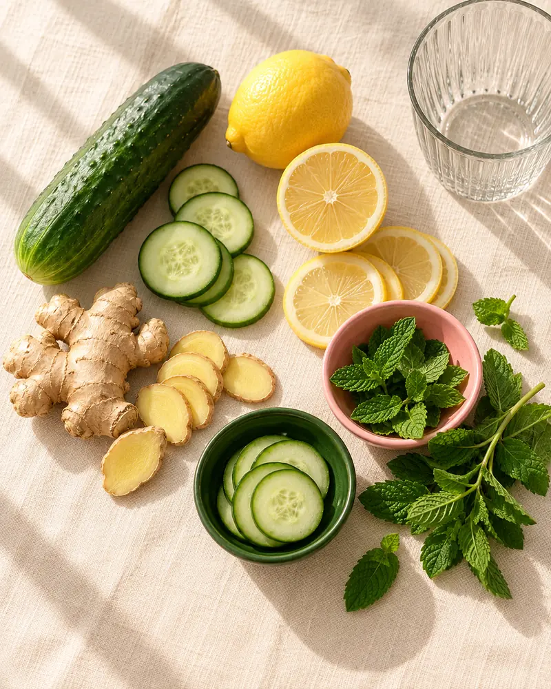 Cucumber, lemon, fresh ginger and mint for homemade detox water