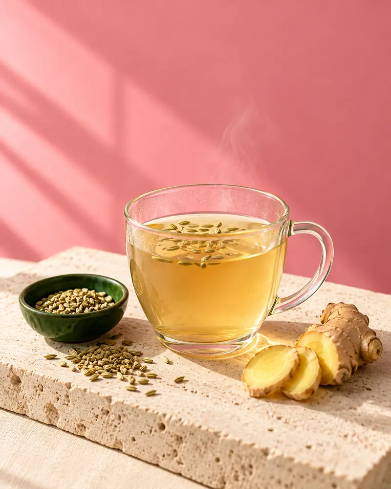 Fennel ginger tea in a glass cup