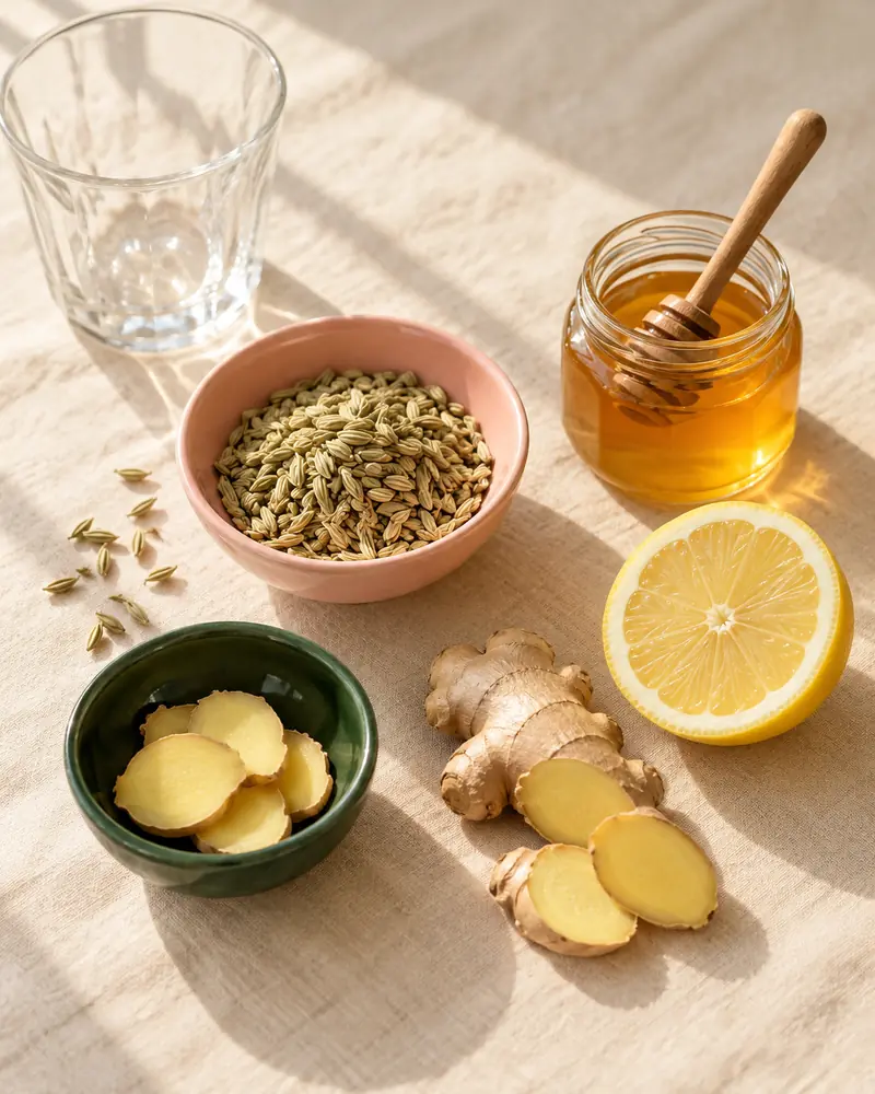 Fennel seeds, fresh ginger, lemon and honey for fennel ginger tea