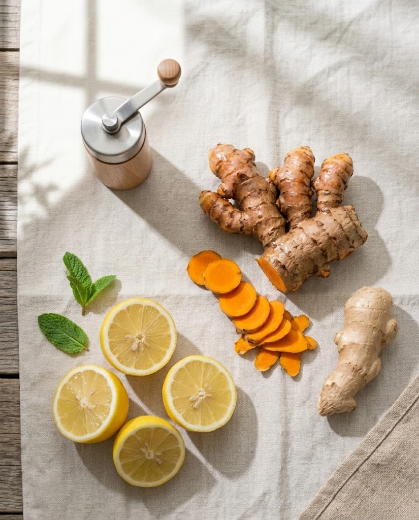 Fresh turmeric, ginger, lemon and black pepper for ginger lemon turmeric water