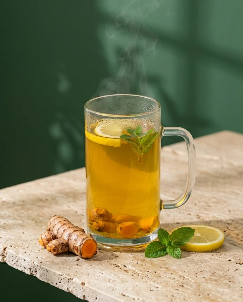 Ginger lemon turmeric water in a glass cup with turmeric root and lemon against a deep green wall
