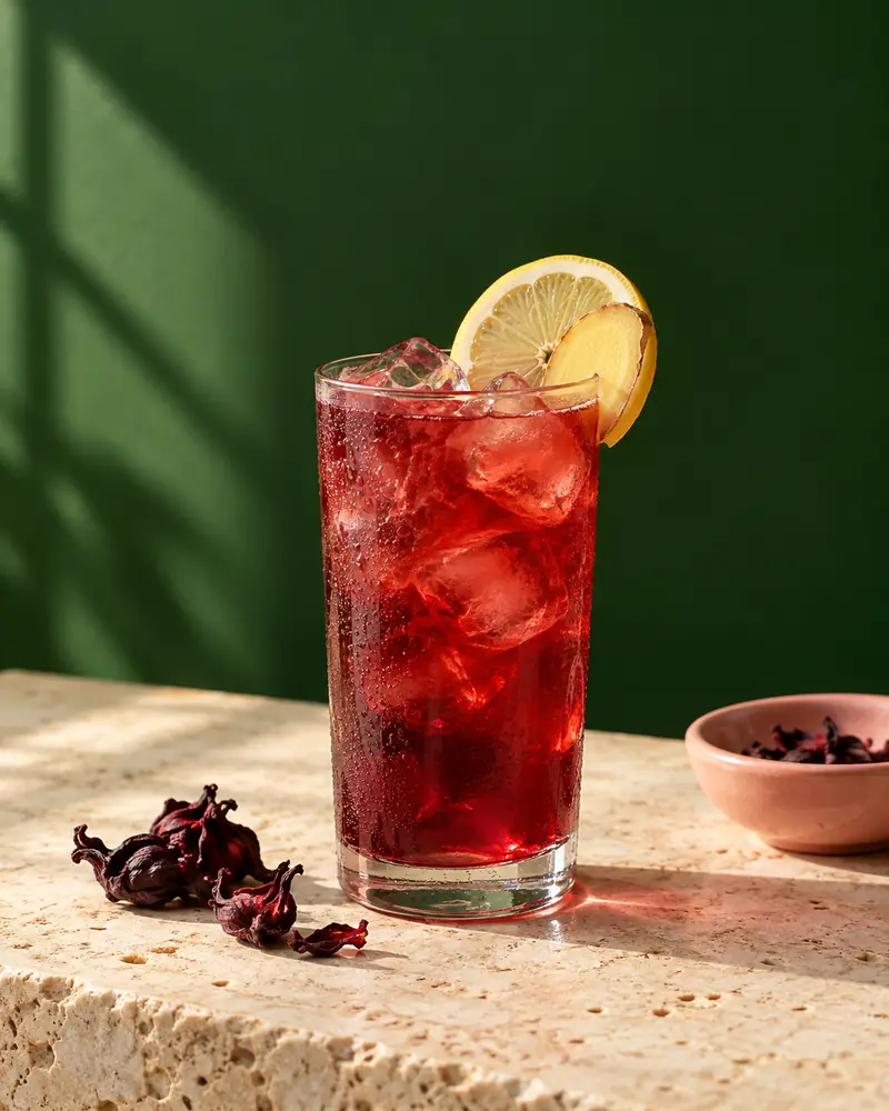 Iced hibiscus ginger tea in a tall glass with lemon and ginger against a deep green wall