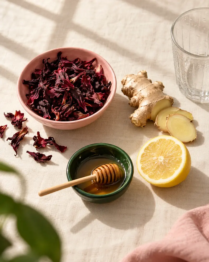 Dried hibiscus flowers, fresh ginger, lemon and honey for hibiscus ginger tea