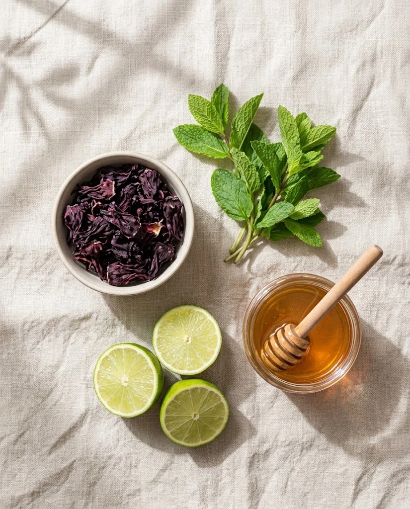 Dried hibiscus flowers, mint, lime and honey for hibiscus mint iced tea