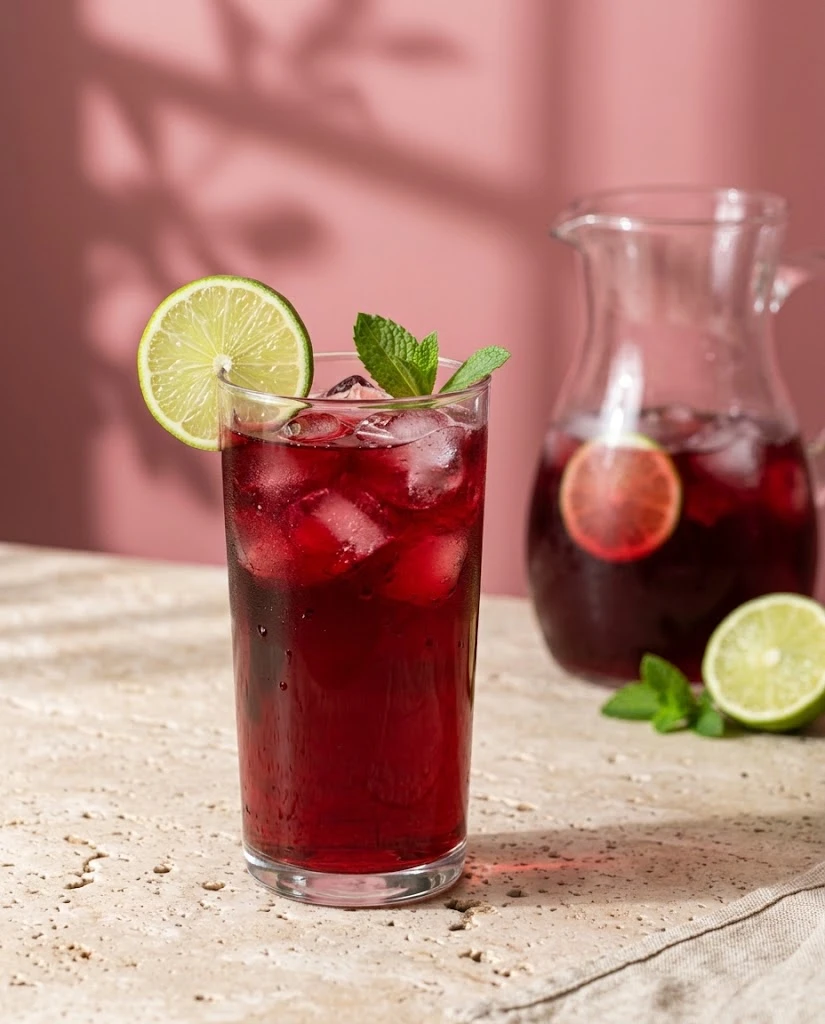 Hibiscus mint iced tea in a tall glass with ice, lime and mint against a pink wall