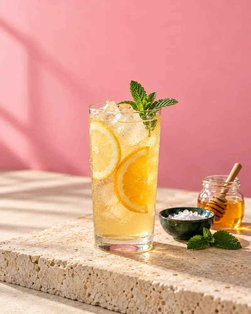 Homemade electrolyte drink with lemon, orange and mint next to honey and sea salt against a pink wall