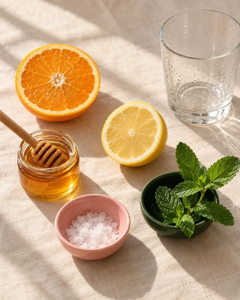 Orange, lemon, honey, sea salt and mint for a homemade electrolyte drink