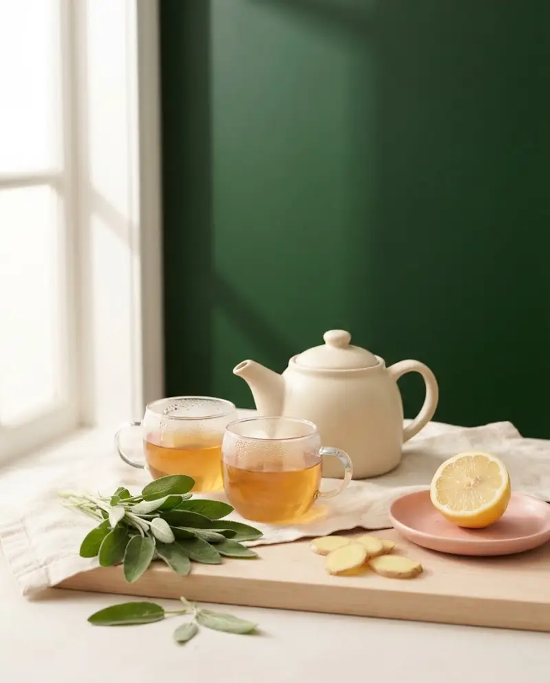 Cream teapot and two glass cups of herbal tea with sage, ginger and lemon by a window