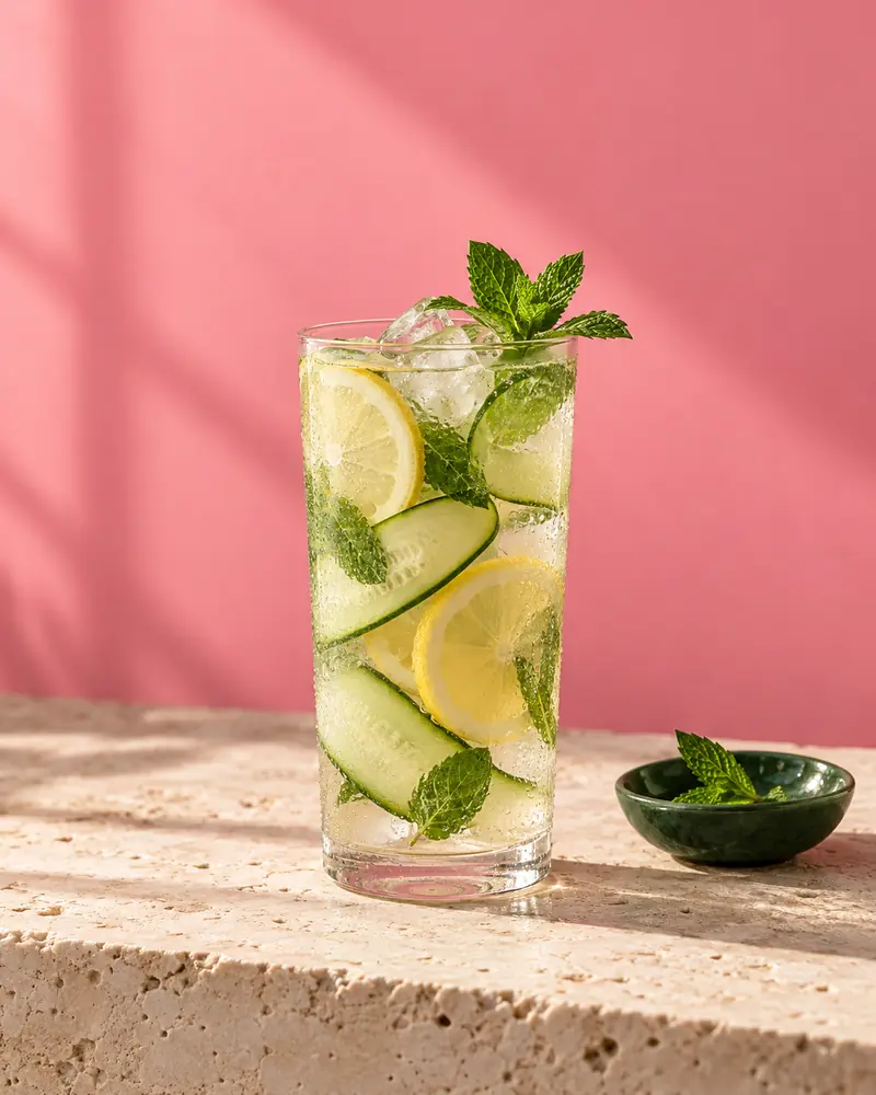 Lemon cucumber mint detox water in a tall glass with ice against a pink wall
