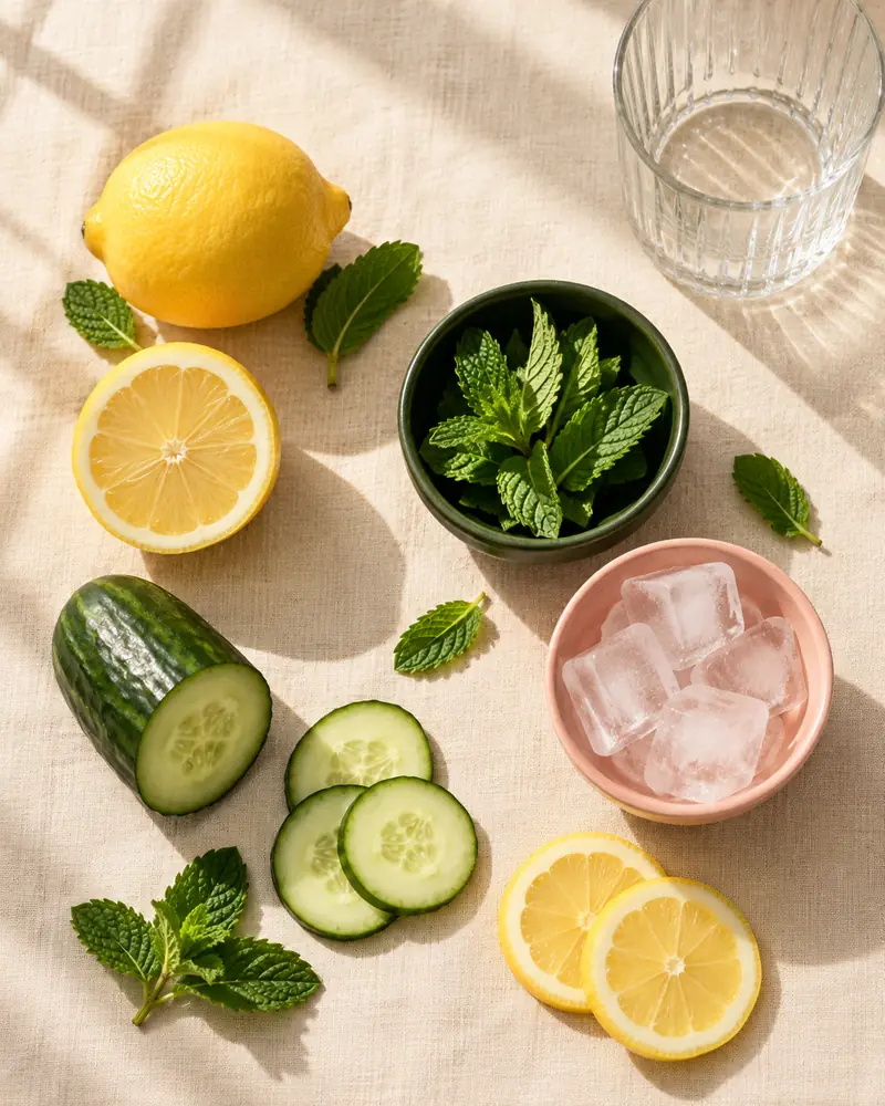 Lemon, cucumber, fresh mint and ice for lemon cucumber mint water