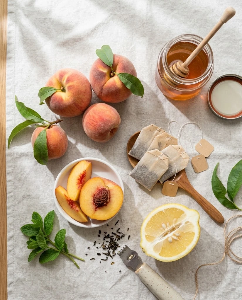Ripe peaches, black tea bags and lemon for homemade peach iced tea