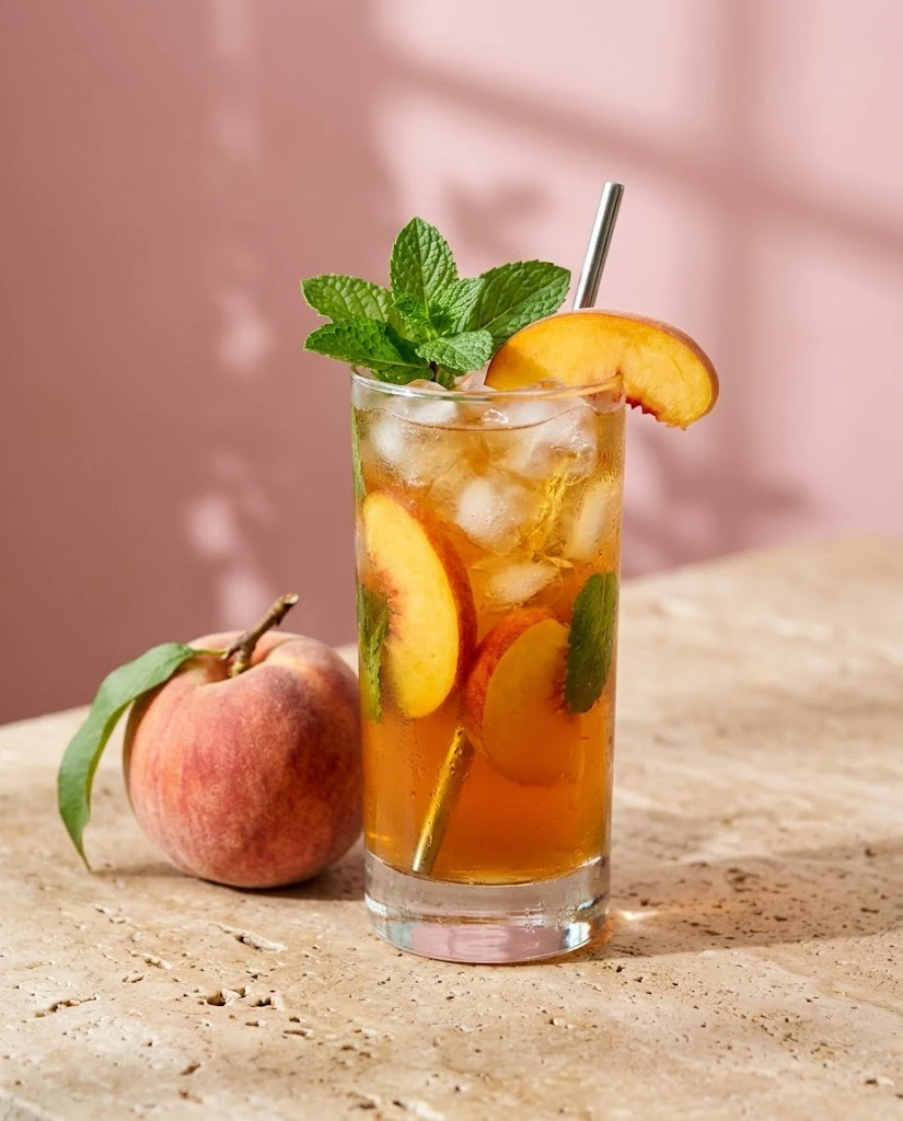 Peach iced tea in a tall glass with peach slices and ice against a pink wall