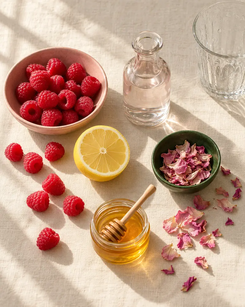 Fresh raspberries, lemon, rose water, dried rose petals and honey for raspberry rose lemonade