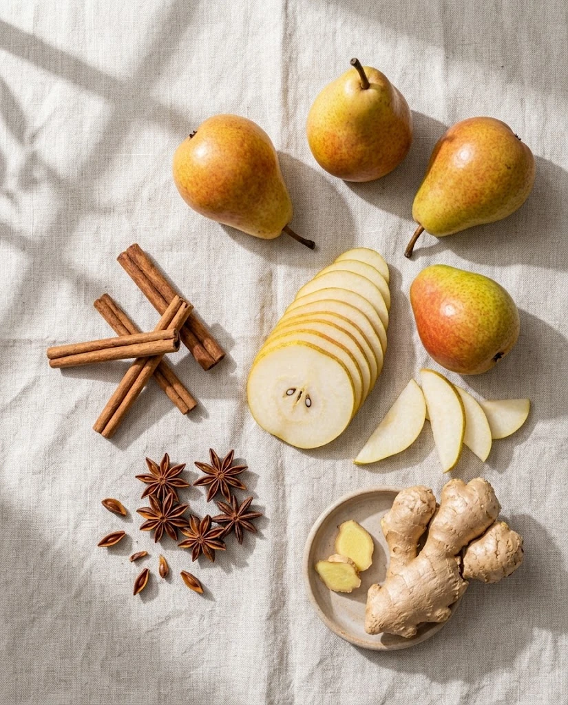 Pear, cinnamon, star anise and ginger for homemade spiced pear tea