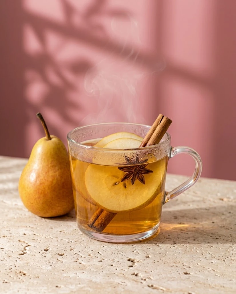 Spiced pear tea in a glass mug with pear slices, cinnamon and star anise against a pink wall