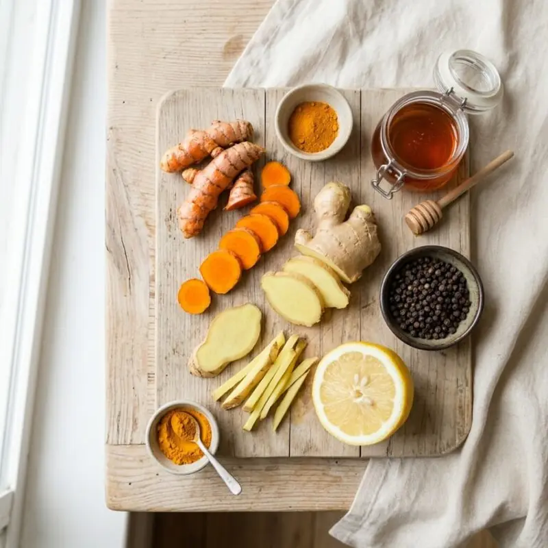 Fresh turmeric root, ginger, lemon, honey and black pepper on a wooden board