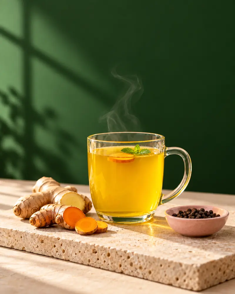 Golden turmeric ginger tea in a glass mug