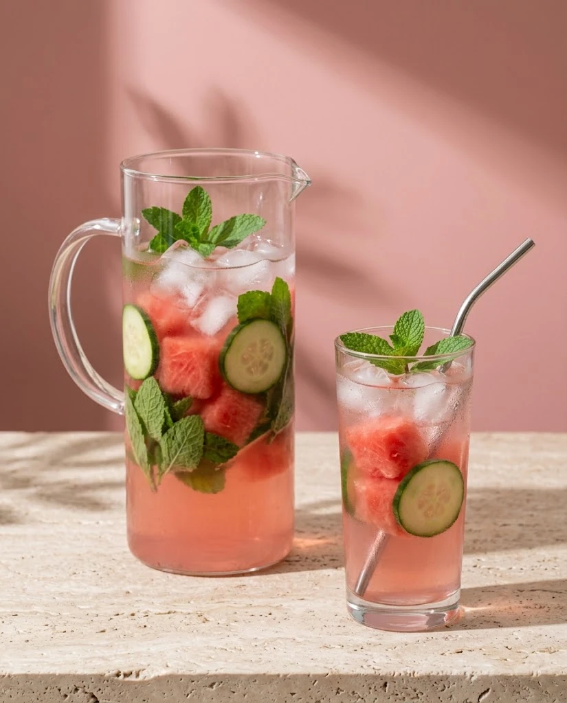 Watermelon cucumber detox water in a glass pitcher with watermelon cubes, cucumber and mint against a pink wall