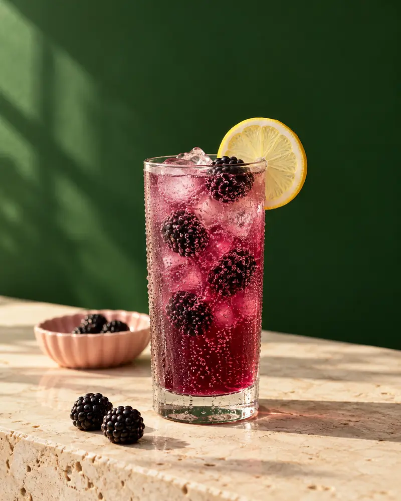 Sparkling witch's blackberry lemonade in a tall glass with blackberries and a lemon wheel against a deep green wall