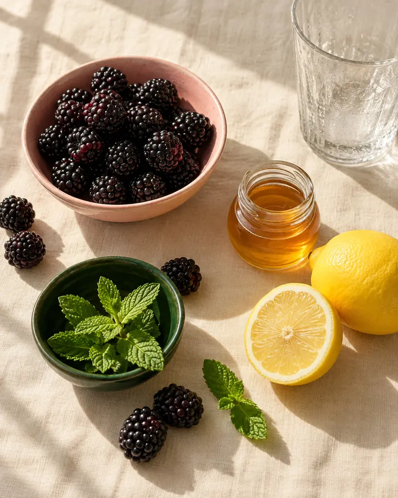 Fresh blackberries, lemon, honey and mint for witch's blackberry lemonade
